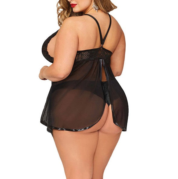 Lace and Mesh Deep V-Neck Lingerie Nightgown