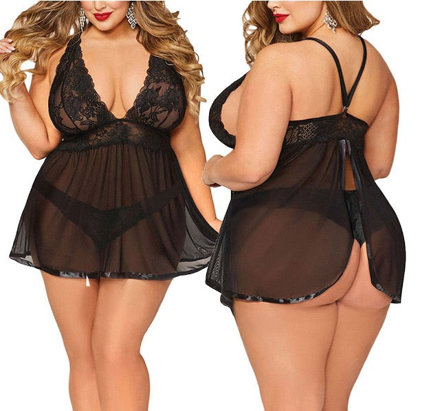 Lace and Mesh Deep V-Neck Lingerie Nightgown