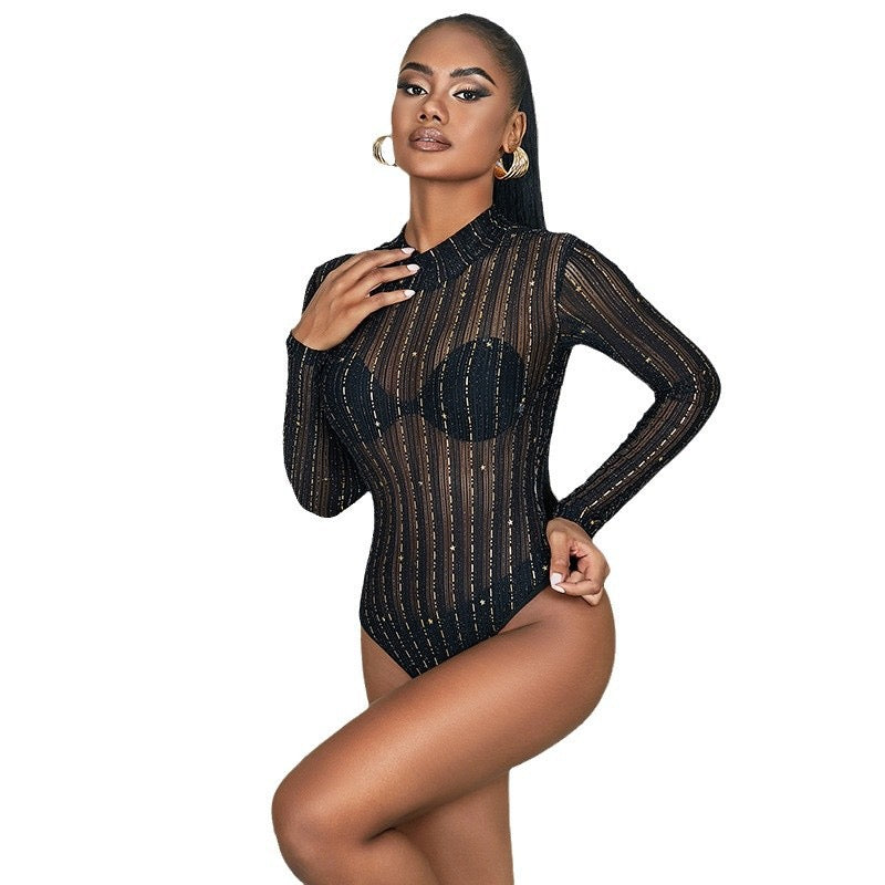 Black and Gold Shimmering Sheer Bodysuit