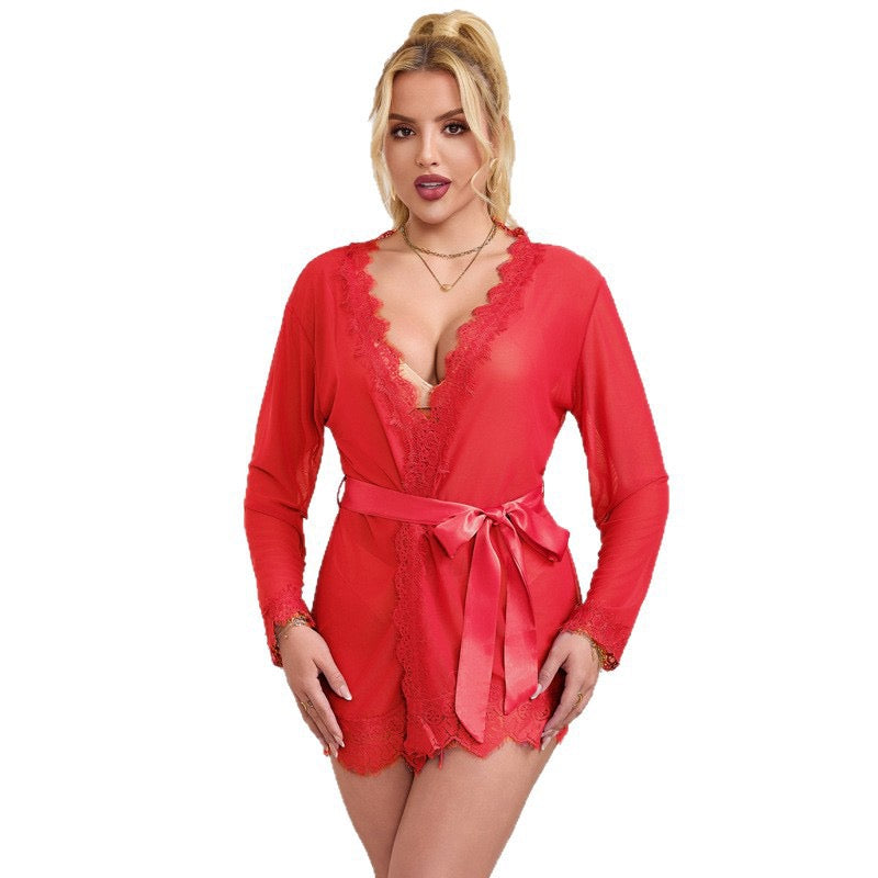 Crimson Dream Lace Mesh Sleepwear Set