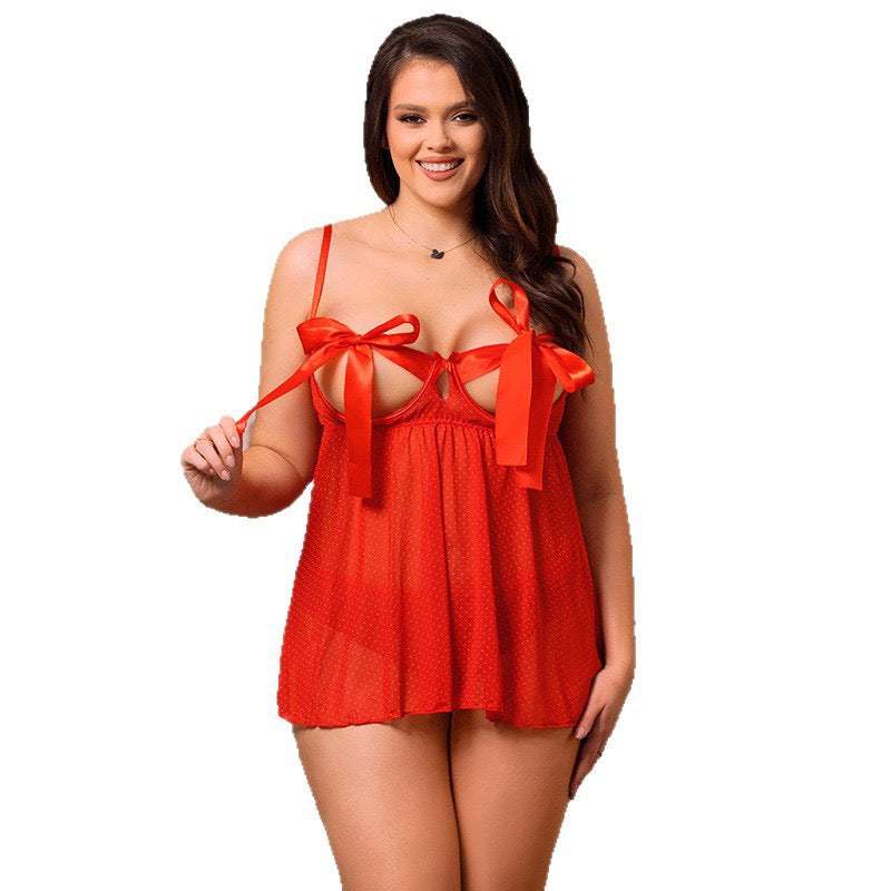 Crimson Sweetheart Bowknot Mesh Lingerie Nightgown