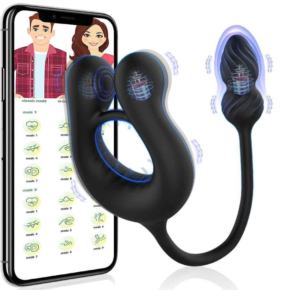 Silicone-Coated Three-Point Vibrating Men's Penis Ring, APP-Controlled Prostate and Anal Massager, Vibrating Anal Plug for Men