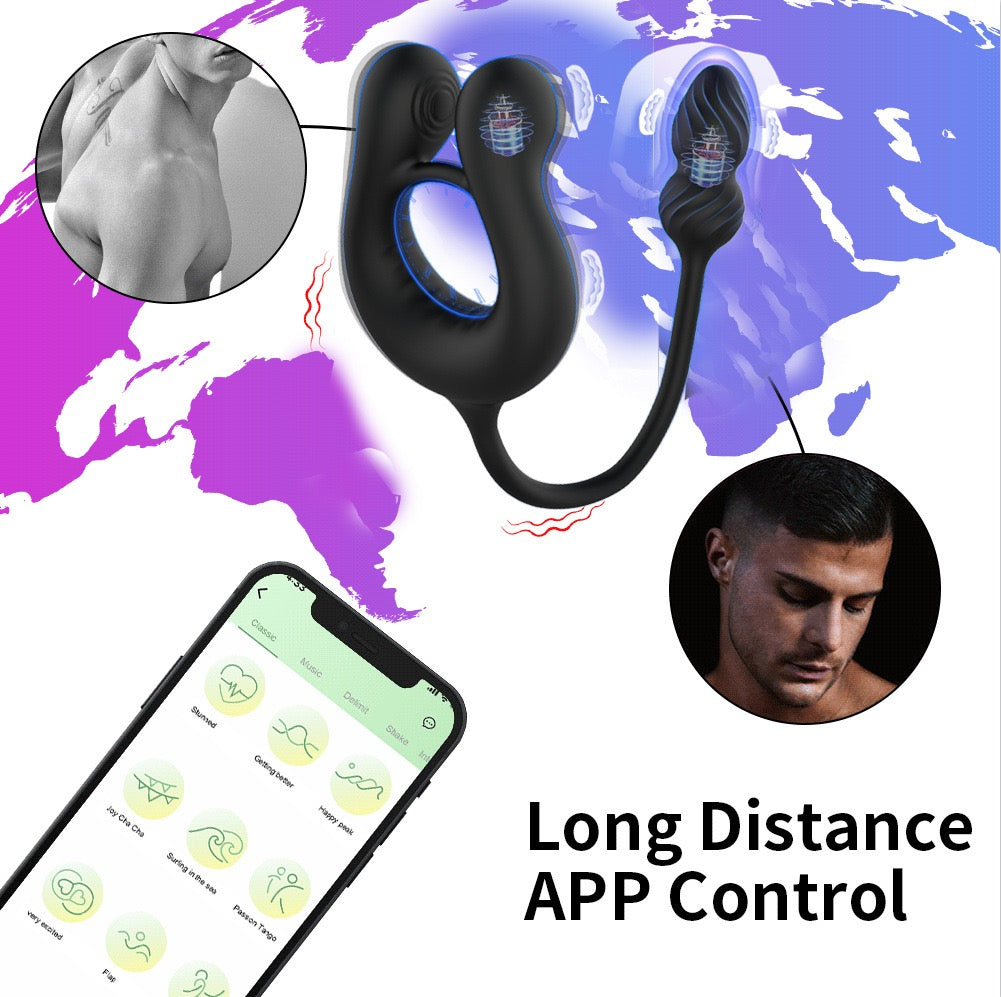 Silicone-Coated Three-Point Vibrating Men's Penis Ring, APP-Controlled Prostate and Anal Massager, Vibrating Anal Plug for Men