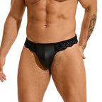 Men's Lace-Paneled Faux Leather Thong