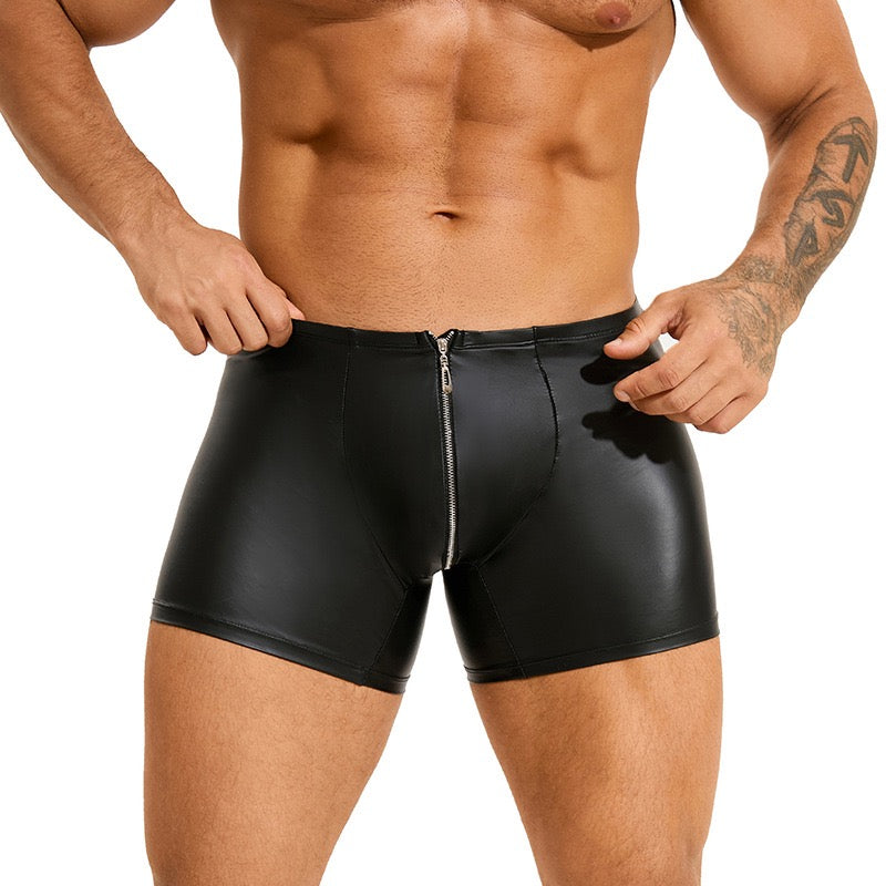Men's Black Faux Leather Zippered Boxer Shorts