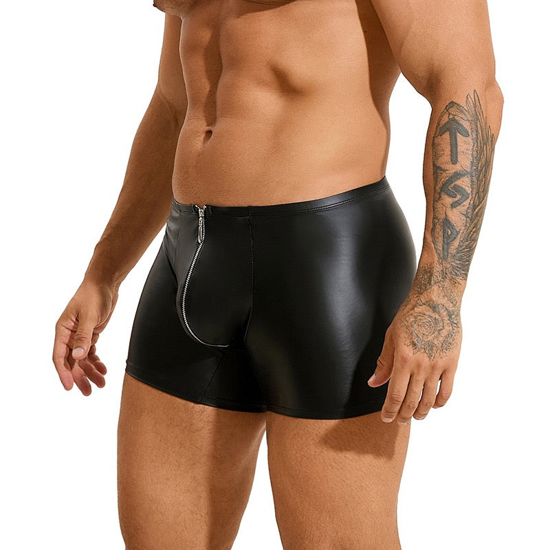 Men's Black Faux Leather Zippered Boxer Shorts