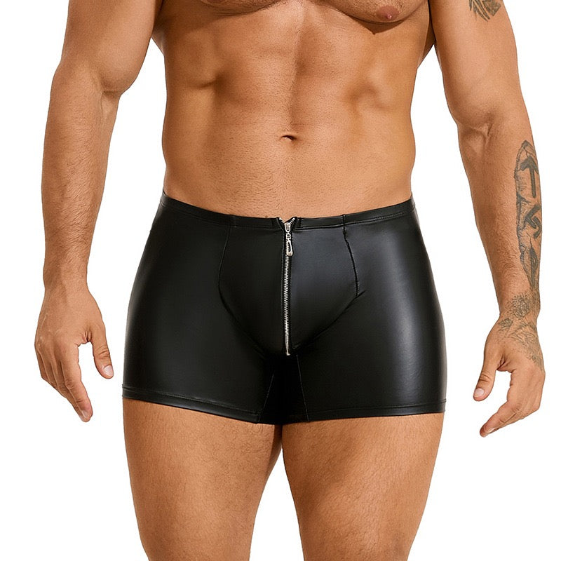 Men's Black Faux Leather Zippered Boxer Shorts