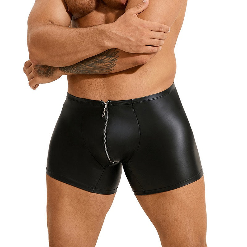 Men's Black Faux Leather Zippered Boxer Shorts