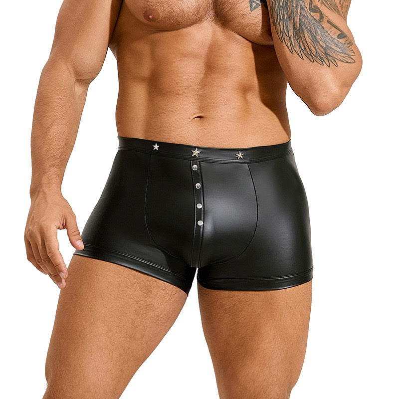 Men's Black Faux Leather Studded Star Detail Boxer Shorts
