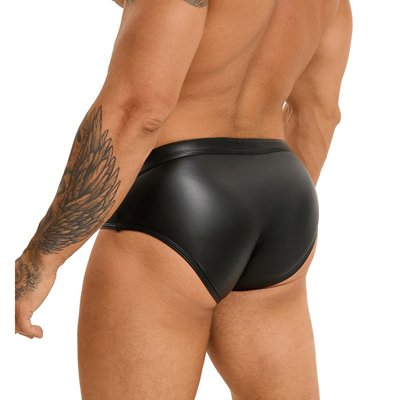 Men's Black Faux Leather Studded Star Briefs