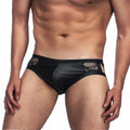 Men's Black Satin and Lace Patchwork Cutout Briefs