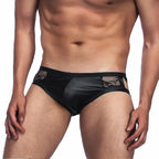 Men's Black Satin and Lace Patchwork Cutout Briefs