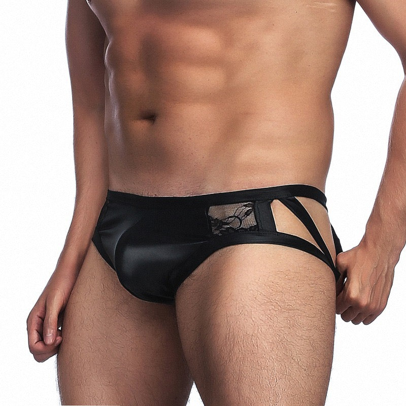 Men's Black Satin and Lace Patchwork Cutout Briefs