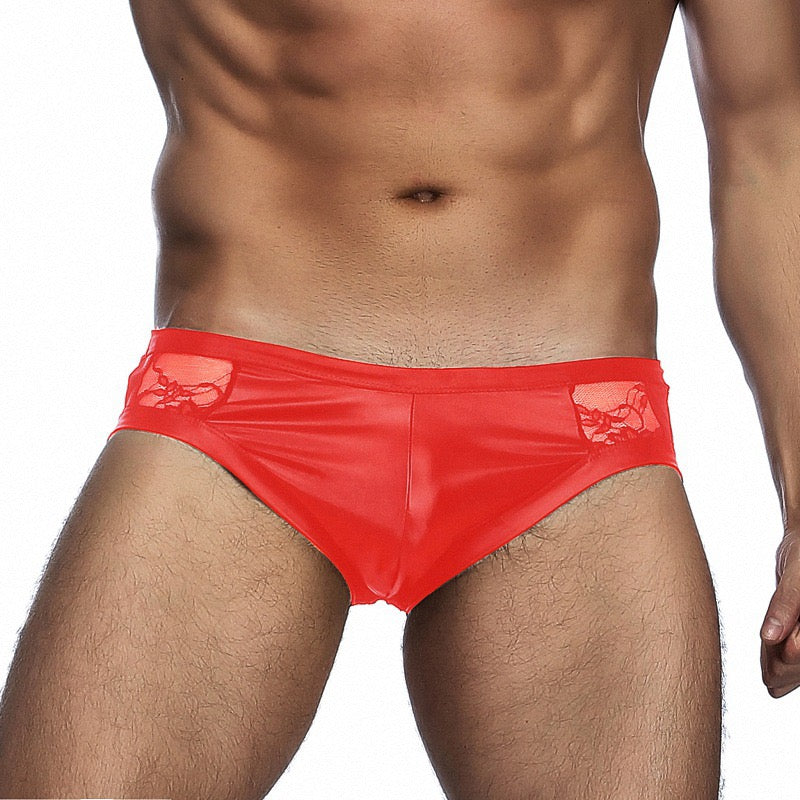 Men's Black Satin and Lace Patchwork Cutout Briefs