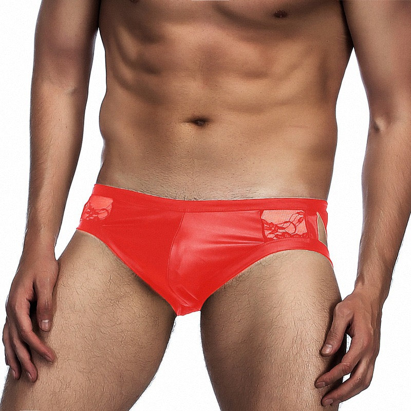 Men's Black Satin and Lace Patchwork Cutout Briefs