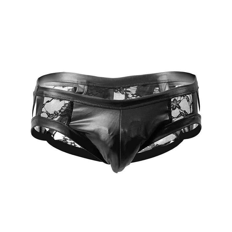 Men's Black Satin and Lace Patchwork Cutout Briefs
