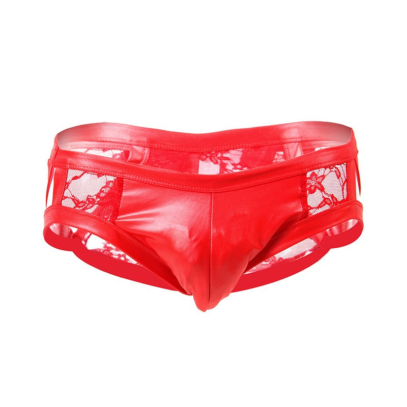 Men's Black Satin and Lace Patchwork Cutout Briefs