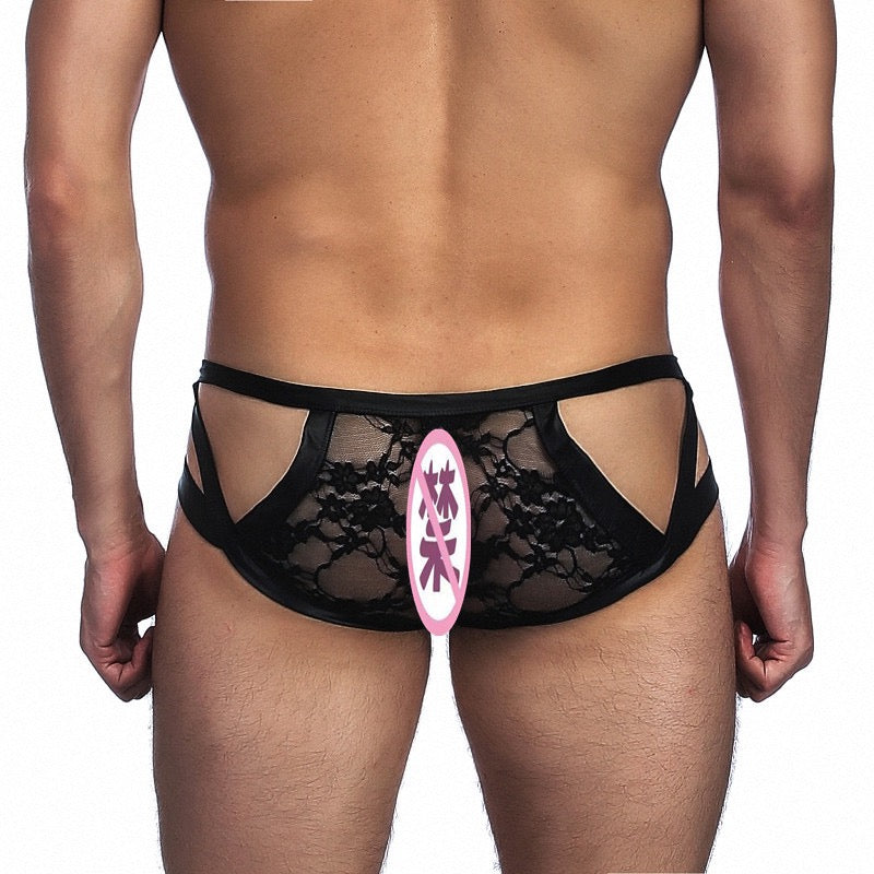 Men's Black Satin and Lace Patchwork Cutout Briefs