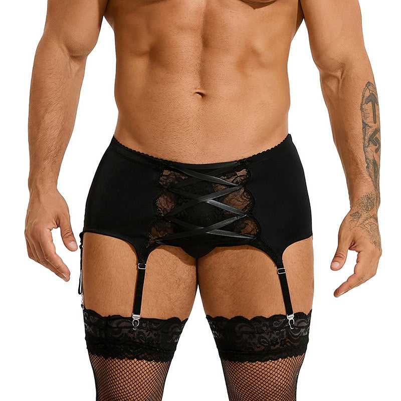 Men's Black Lace Strappy Garter Belt Underwear Set