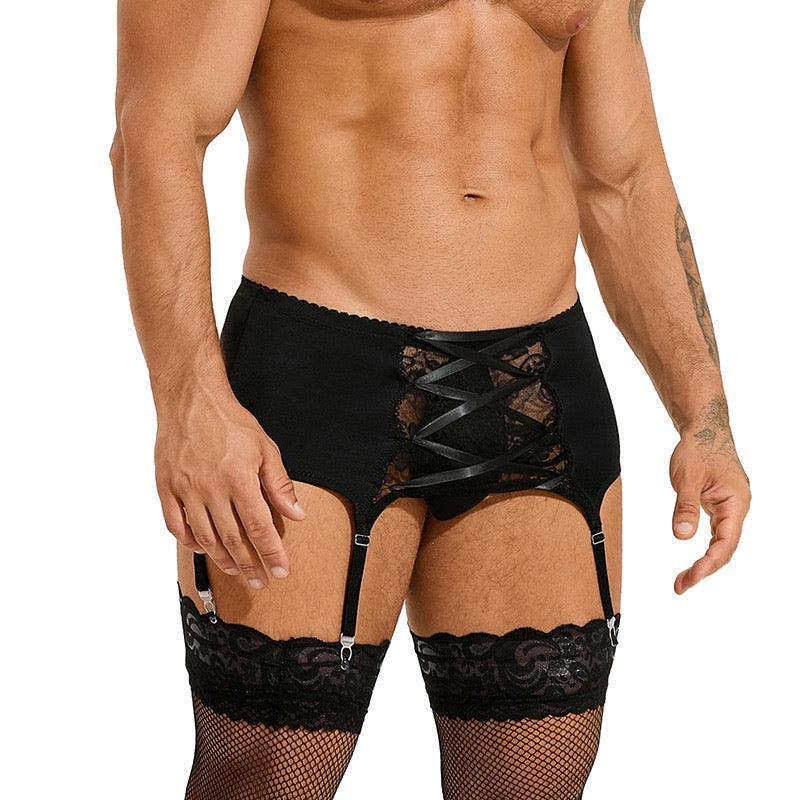Men's Black Lace Strappy Garter Belt Underwear Set