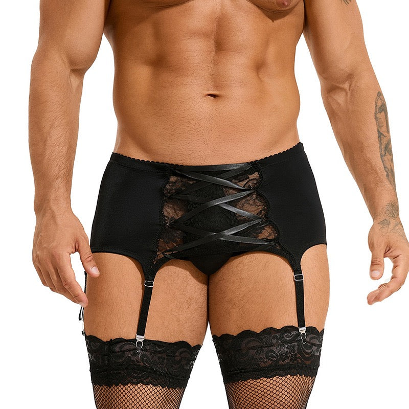 Men's Black Lace Strappy Garter Belt Underwear Set