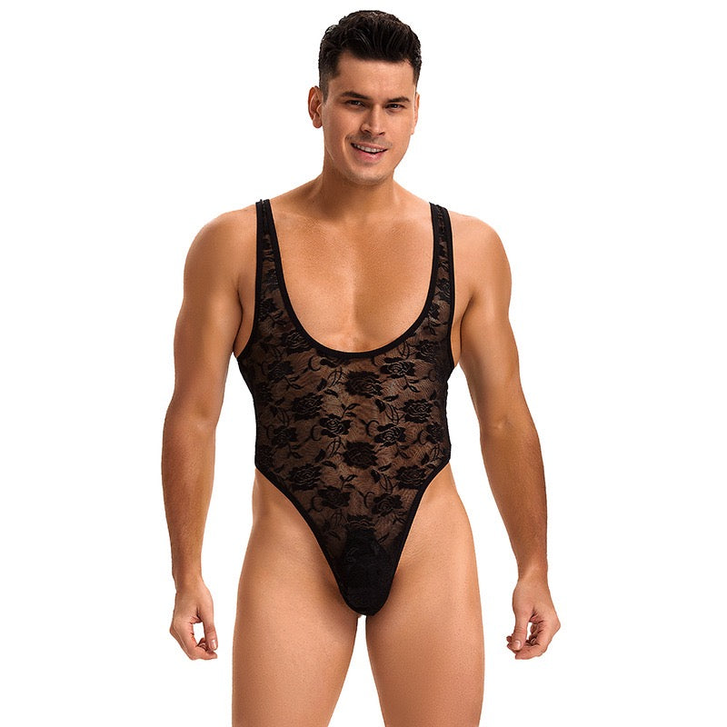 Men's Black Lace Bodysuit
