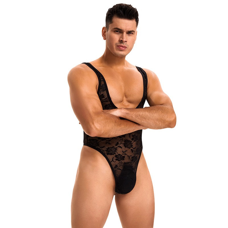 Men's Black Lace Bodysuit