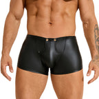 Men's Black Faux Leather Flat-Front Shorts with Metal Buckle