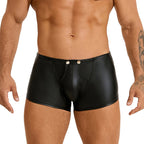 Men's Black Faux Leather Flat-Front Shorts with Metal Buckle