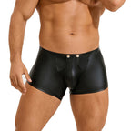Men's Black Faux Leather Flat-Front Shorts with Metal Buckle