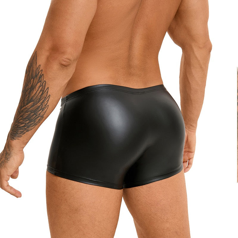 Men's Black Faux Leather Flat-Front Shorts with Metal Buckle