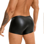 Men's Black Faux Leather Flat-Front Shorts with Metal Buckle