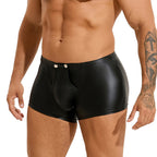 Men's Black Faux Leather Flat-Front Shorts with Metal Buckle