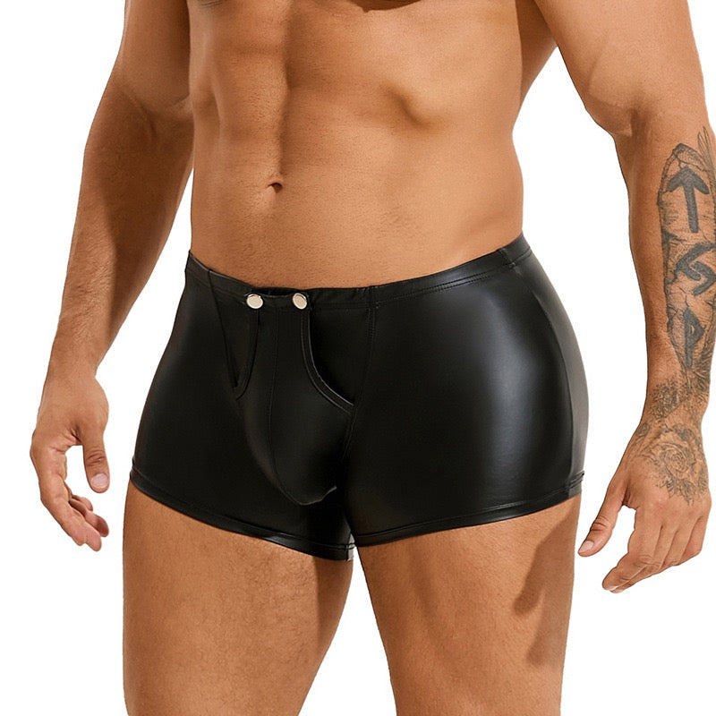 Men's Black Faux Leather Flat-Front Shorts with Metal Buckle