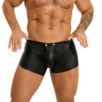 Men's Black Faux Leather Flat-Front Shorts with Metal Buckle