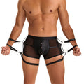 Men's Black Mesh and Faux Leather Restraint Boxer Shorts Set