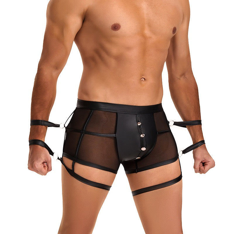Men's Black Mesh and Faux Leather Restraint Boxer Shorts Set