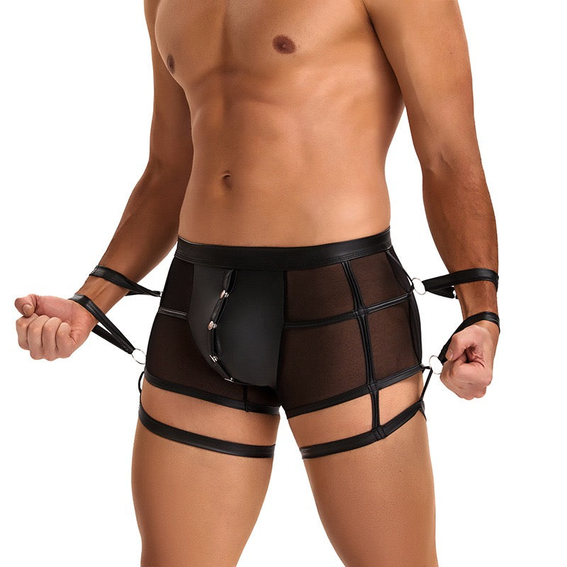 Men's Black Mesh and Faux Leather Restraint Boxer Shorts Set