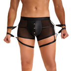 Men's Black Mesh and Faux Leather Restraint Boxer Shorts Set