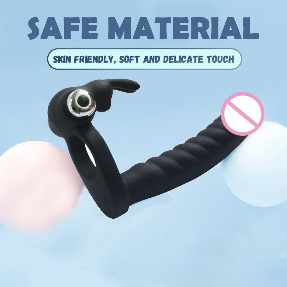 7-Frequency Vibrating Dual-Hole Rabbit Vibrator with Sliding Beads, Couple's Shared Delay Ejaculation Ring and Masturbation Toy