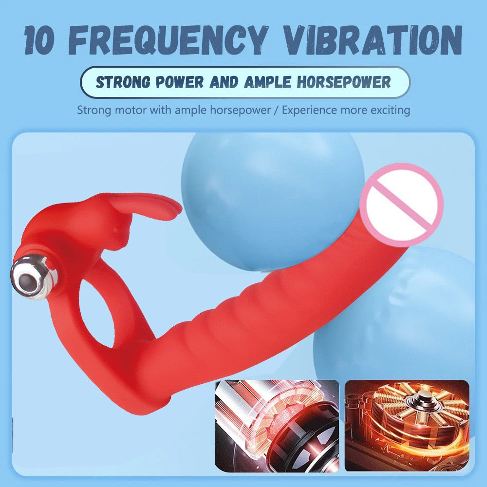 7-Frequency Vibrating Dual-Hole Rabbit Vibrator with Sliding Beads, Couple's Shared Delay Ejaculation Ring and Masturbation Toy