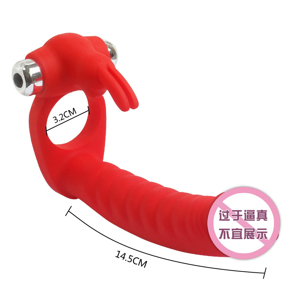 7-Frequency Vibrating Dual-Hole Rabbit Vibrator with Sliding Beads, Couple's Shared Delay Ejaculation Ring and Masturbation Toy