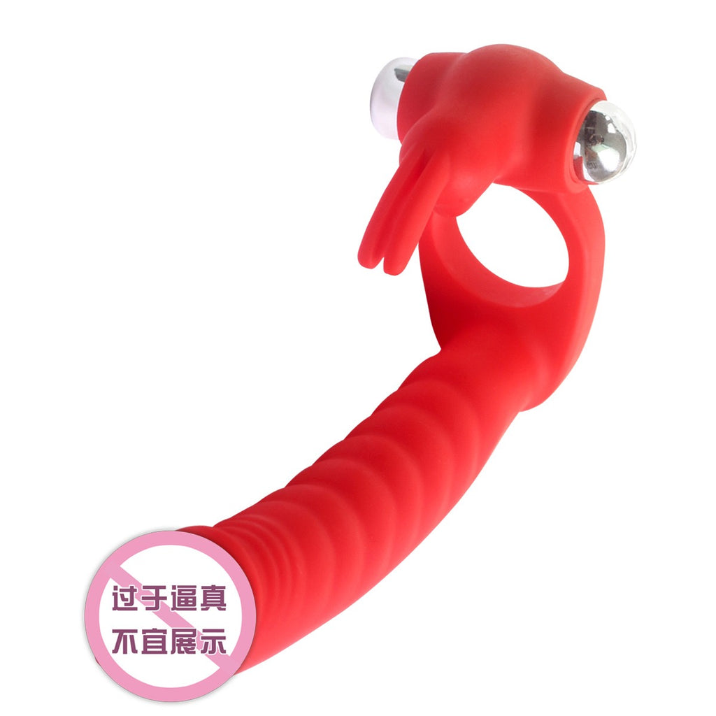 7-Frequency Vibrating Dual-Hole Rabbit Vibrator with Sliding Beads, Couple's Shared Delay Ejaculation Ring and Masturbation Toy