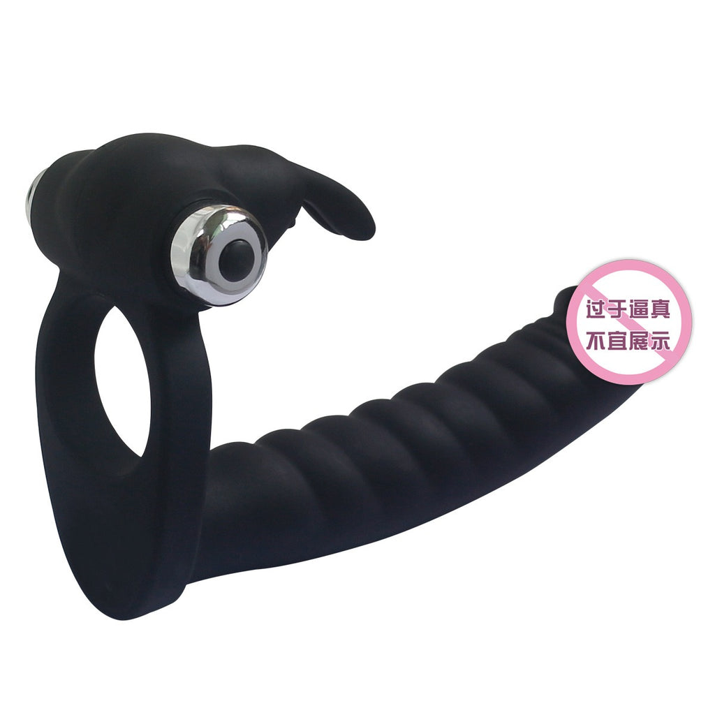7-Frequency Vibrating Dual-Hole Rabbit Vibrator with Sliding Beads, Couple's Shared Delay Ejaculation Ring and Masturbation Toy