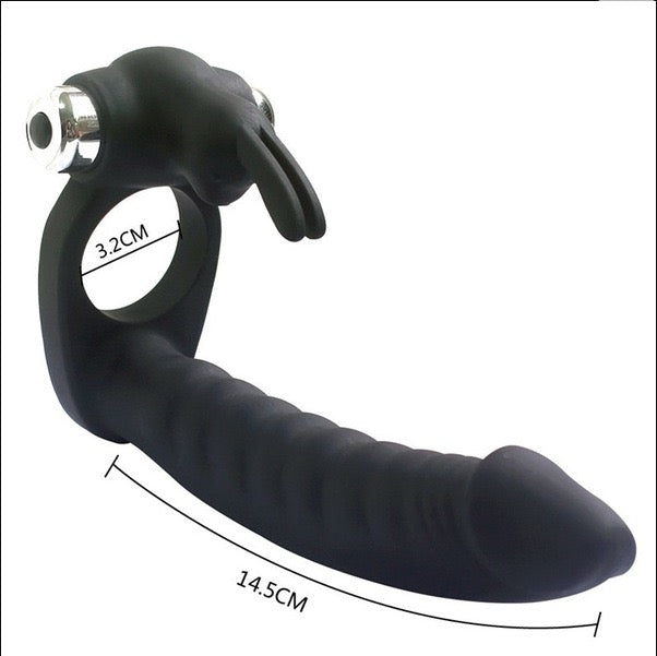7-Frequency Vibrating Dual-Hole Rabbit Vibrator with Sliding Beads, Couple's Shared Delay Ejaculation Ring and Masturbation Toy