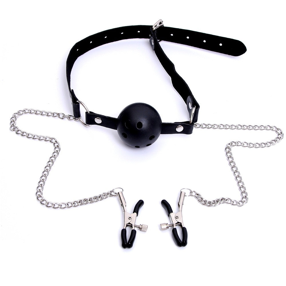 SM supplies, mouth gags, nipple clamps, and female bondage and discipline tools.