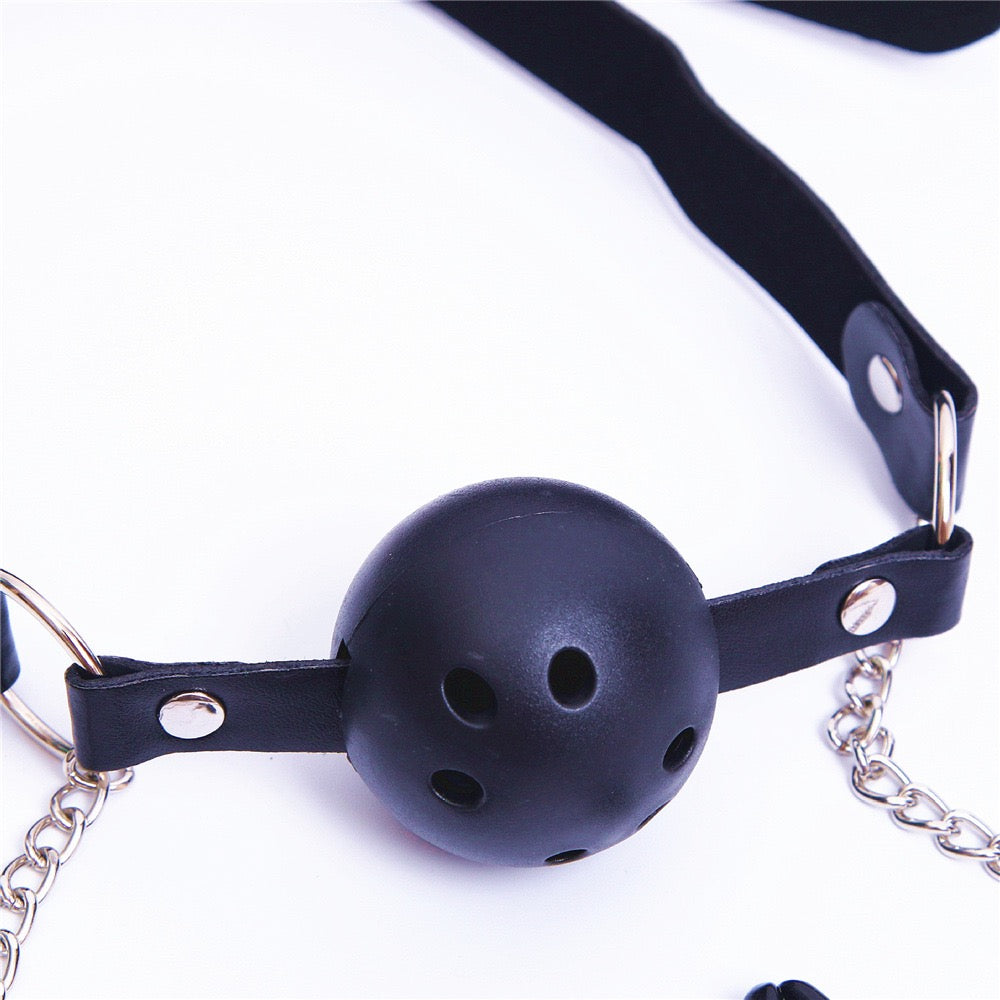 SM supplies, mouth gags, nipple clamps, and female bondage and discipline tools.