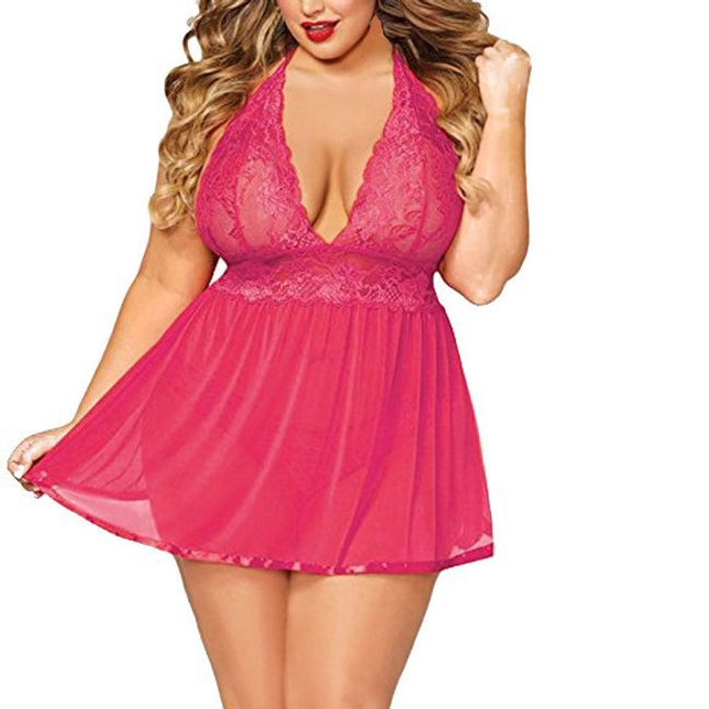 Lace and Mesh Deep V-Neck Lingerie Nightgown